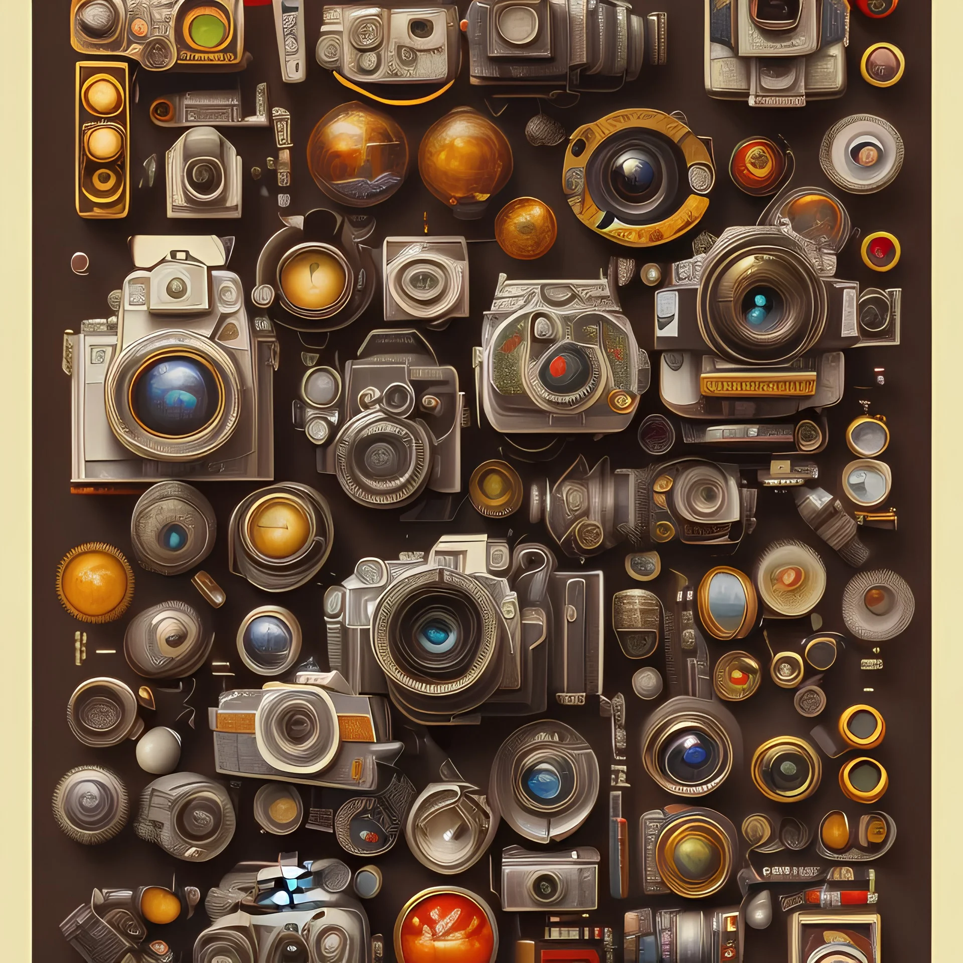 components of the camera laid out flat. poster design. high detailed. oil on canvas.