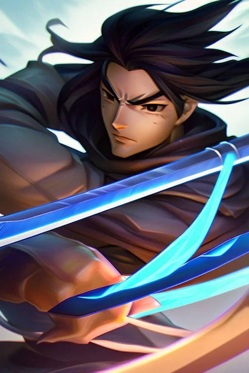 For Yasuo from league of legends, create a PFP that features a stylized version of his wind sword, with blue and white colors to represent his wind abilities. You could add some special effects, such as a glowing aura around the sword or some wind particles, to give it a more dynamic look.