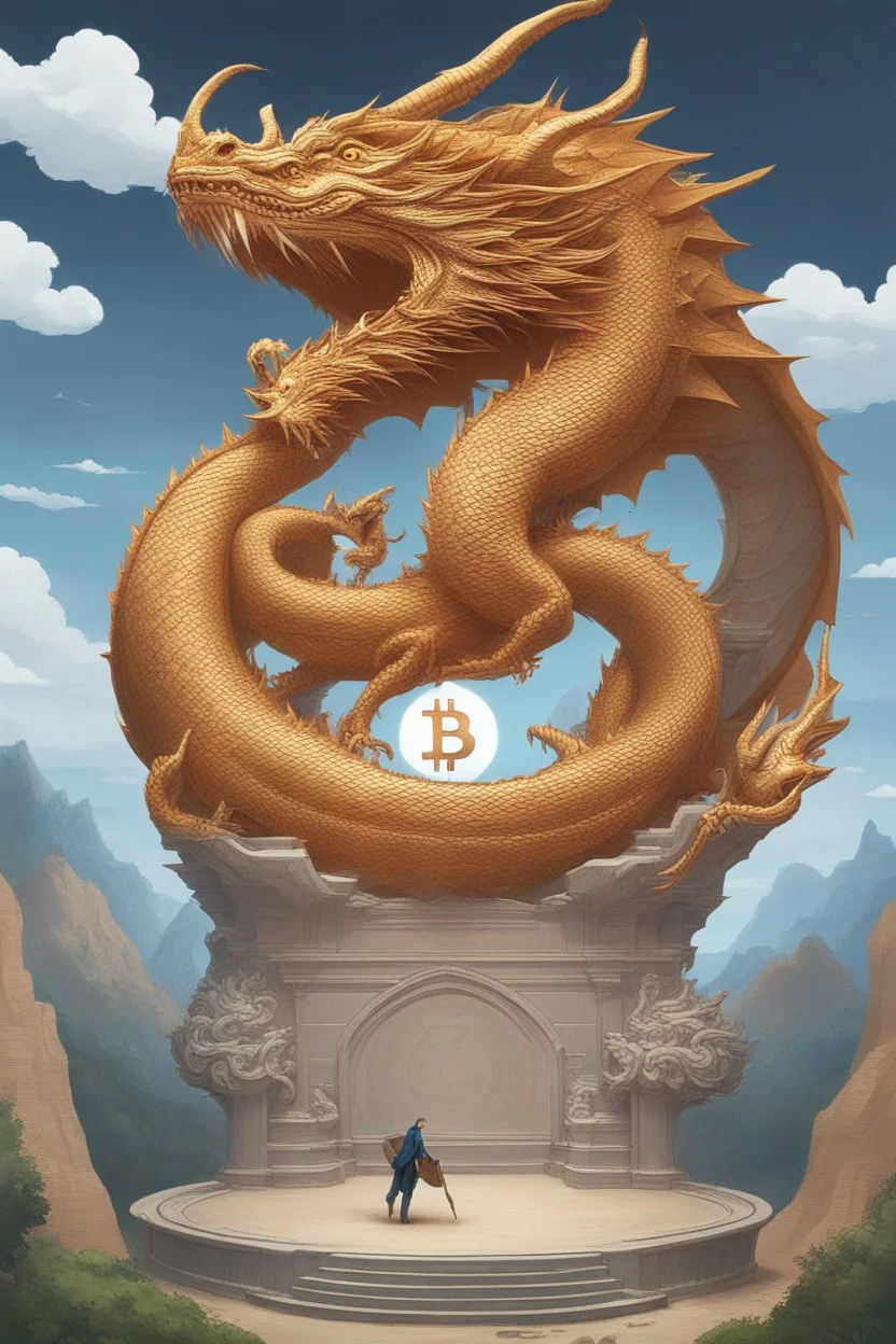 Bitcoin cryptocurrency stands in the middle and a dragon is around