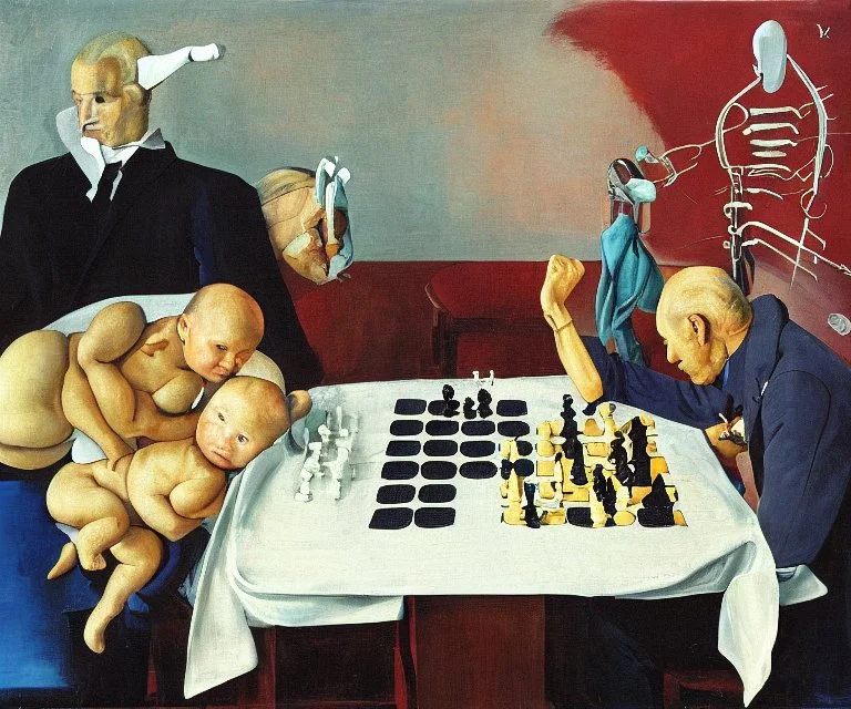 Complex Surgical Instruments,Putin, President Xi Of China And Joe Biden Play Chess with a Newborn Boy,Minimalism,Painting By Lucian Adrian Ghenie,Michelangelo,Freud,Rene Magritte,Salvador Dali,Pablo Picasso