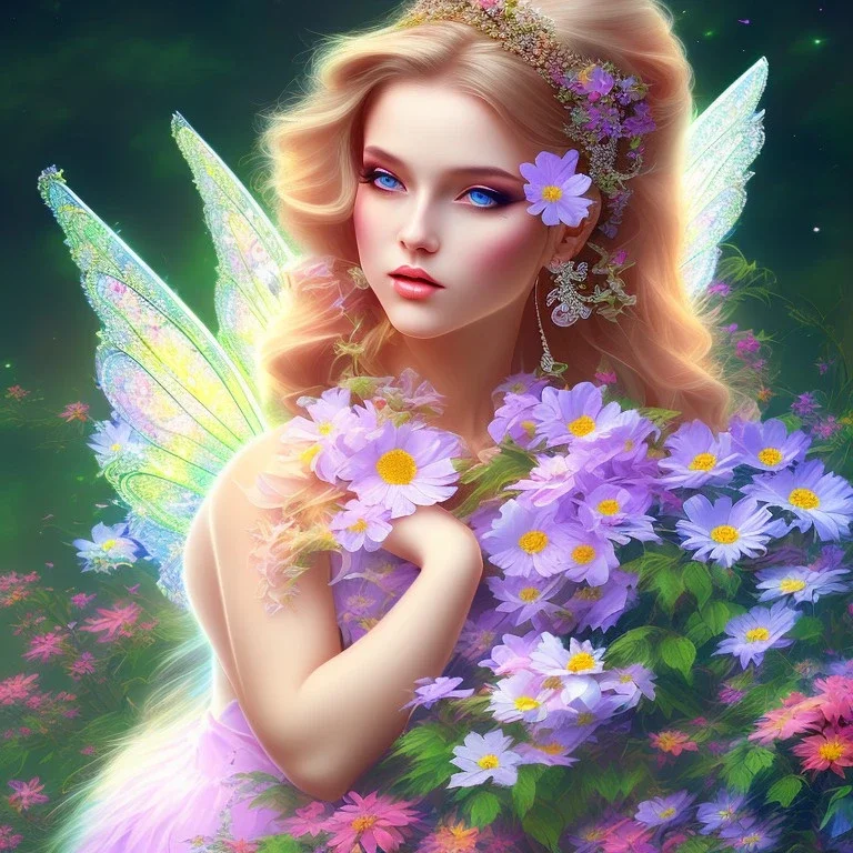 bright fairy, beautiful portrait, flowery landscape