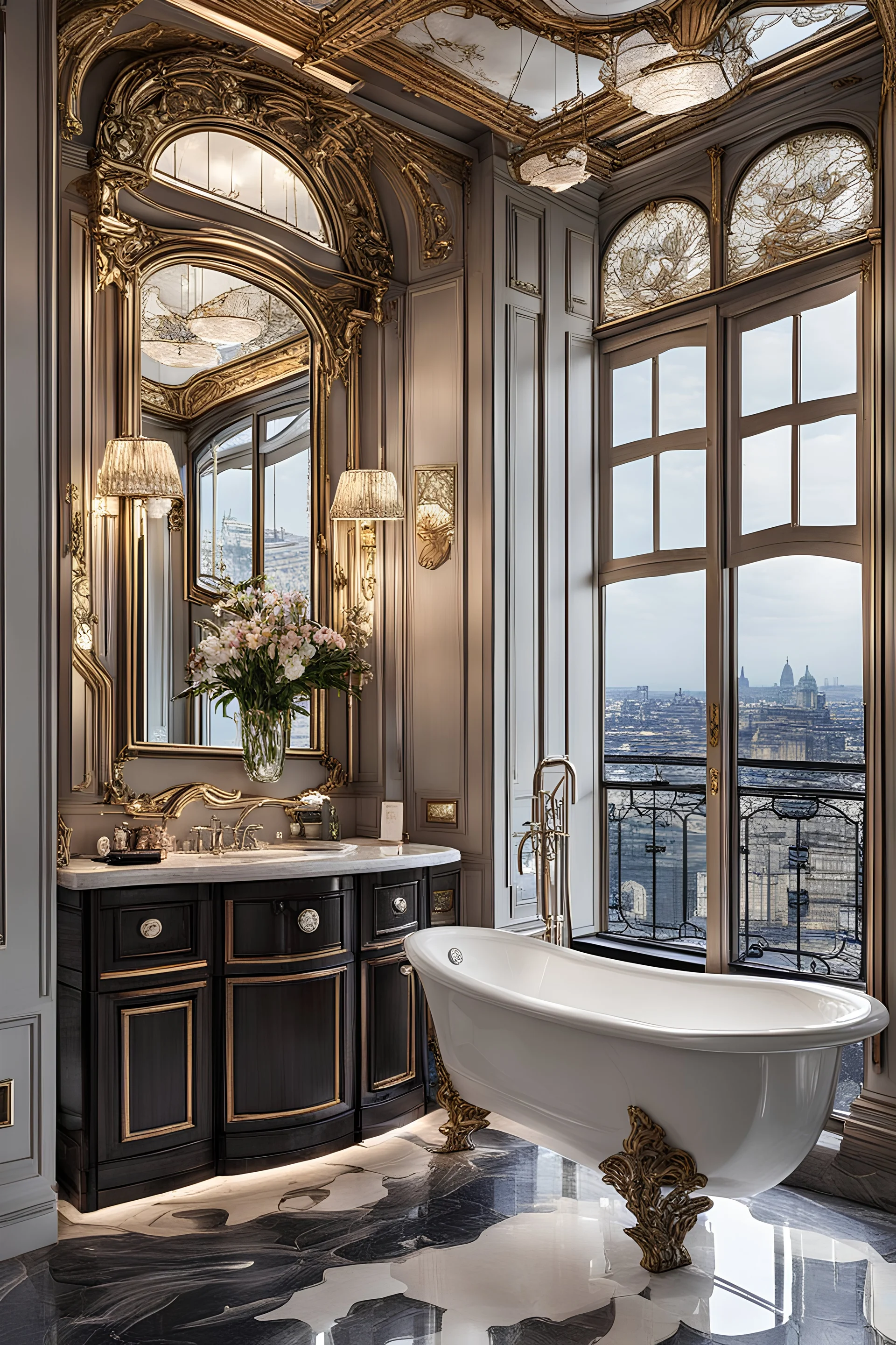 An elegant bathroom in the style of Art Nouveau with a luxurious ambiance and a view.