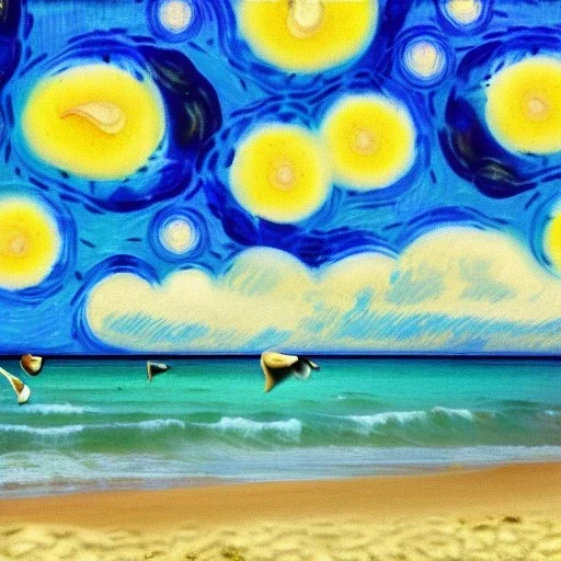 conchas en la orilla de la playa con nubes con estilo de Van Gogh