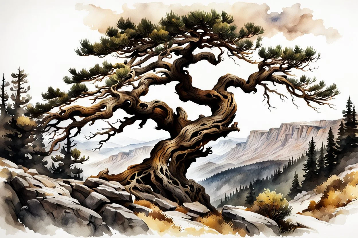 museum quality ink wash and watercolor painting of an ancient, gnarled and twisted, Bristlecone Pine, a Golden Eagle perched in its branches, on a remote plateau in the Rocky Mountains in the style of Karl Bodmer, and Winslow Homer, rendered as an aquatint, with a fine art aesthetic, highly detailed , 8k UHD cinegraphic realism