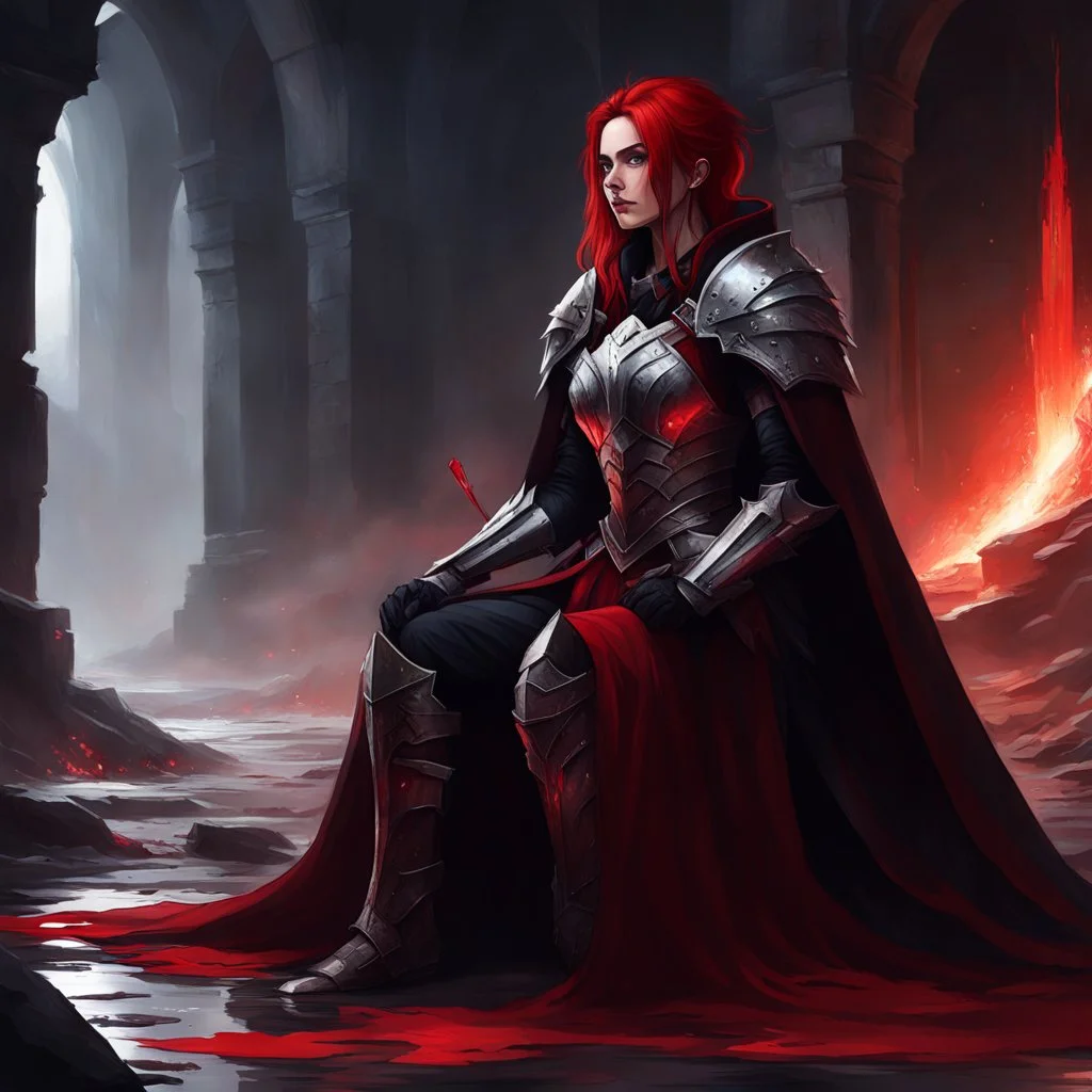 Amid the ruins of a forgotten throne room, she sits—her armor glinting softly in the dim light, her crimson hair cascading like a river of blood. The battle is over, the echoes of clashing steel fading into silence. A skeletal relic lies at her side, draped in a tattered cloak, a reminder of the foes she has vanquished and the path she has walked.