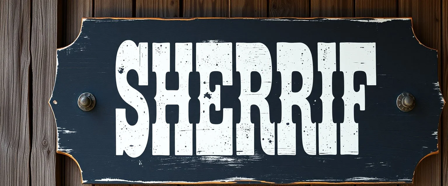 fill composition with large and wide hand painted old western sign that reads: "SHERRIF" white on black with inset white stripe aged paint