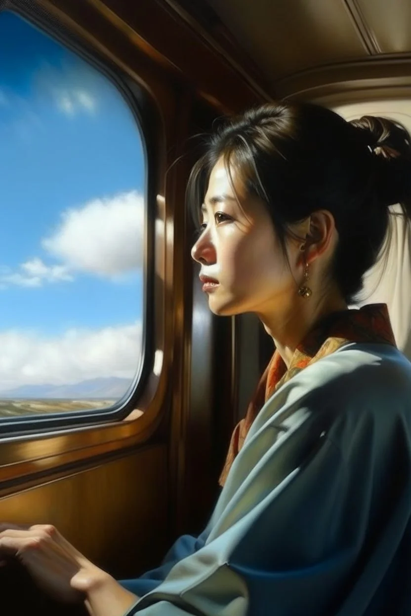 Neoclassicism japanese woman looking at window to sky in train realistic cote d'azur painting