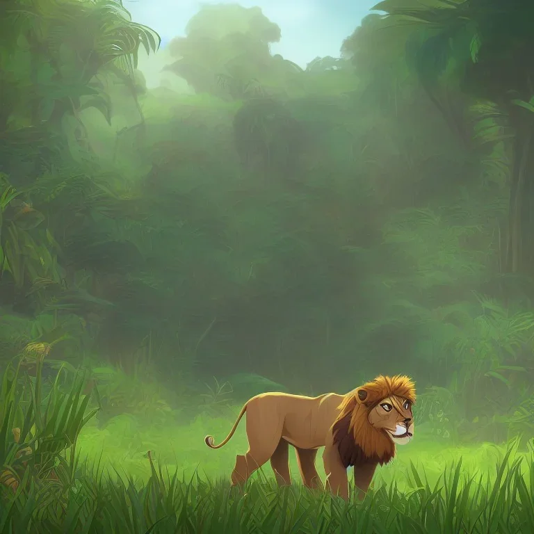 picture for children's book showing a cute lion behind tall grass in the jungle