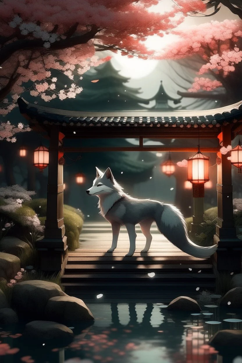 Generate a Japanese-inspired wolf AI art piece. Envision a serene garden with a traditional wooden bridge crossing over a koi pond. Incorporate cherry blossom trees in full bloom, delicate lanterns, and a sense of tranquility. Capture the beauty of Japanese aesthetics and nature in your artwork, half body short.