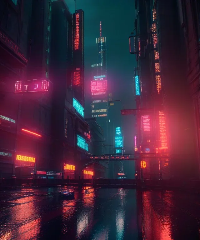 3D, beautiful, light reflecting, empty city, midnight, rainy night, neon, cyberpunk,