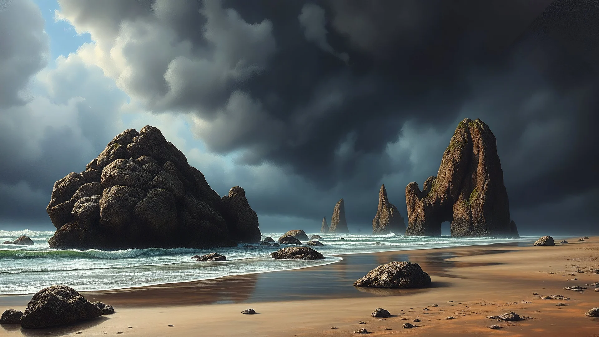 Surreal landscape of a beach with giant floating rocks, dark stormy sky, eerie atmosphere, realistic oil painting style by Salvador Dali and Hieronymus Bosch, long shot, intricate details, vibrant colors.