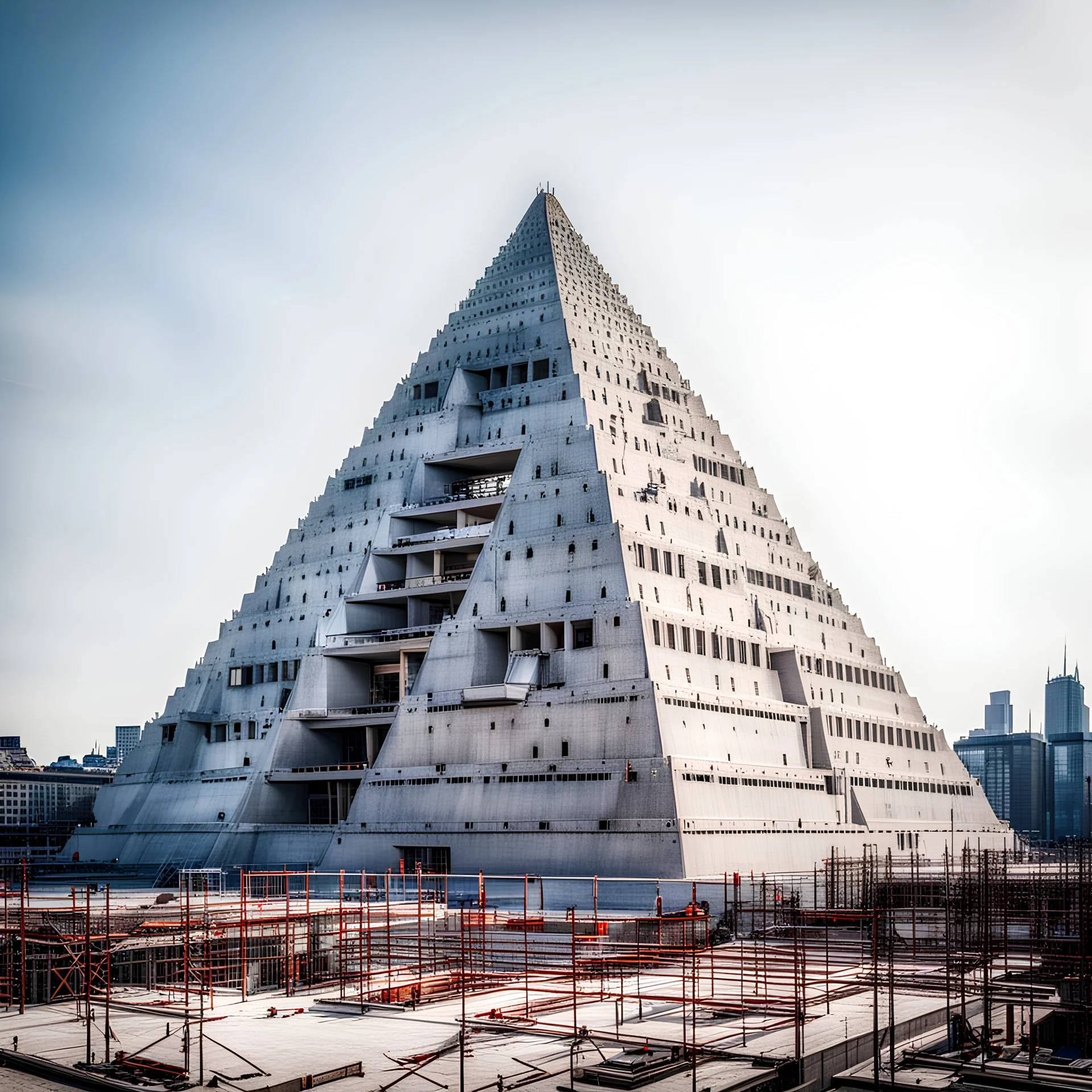 Giant concrete brutalist pyramid in construction in city with scaffolding