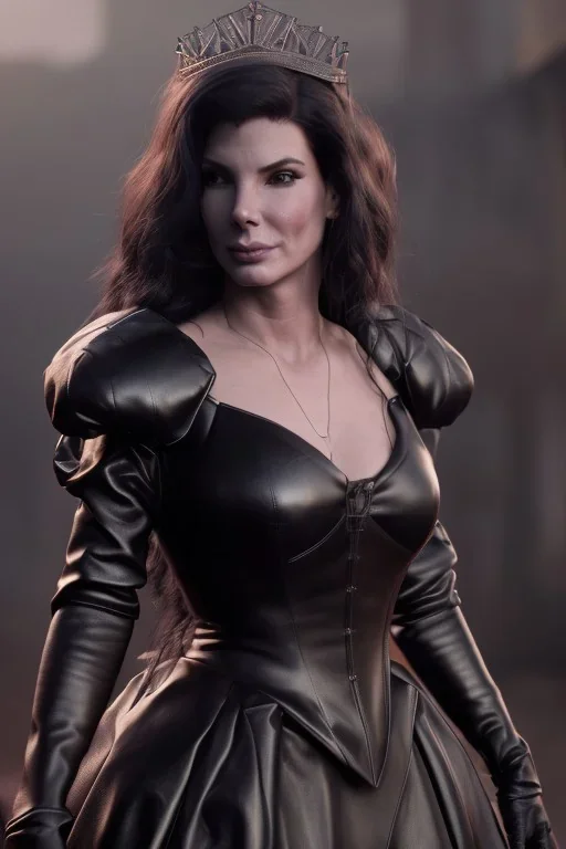 Young Sandra Bullock as evil queen in black leather gown, angry, busty, curvey, cleavage, unreal 5, octane render,cinema4d, dynamic lighting, dramatic lighting, 4k, redshift render, highly detailed, hyper realistic