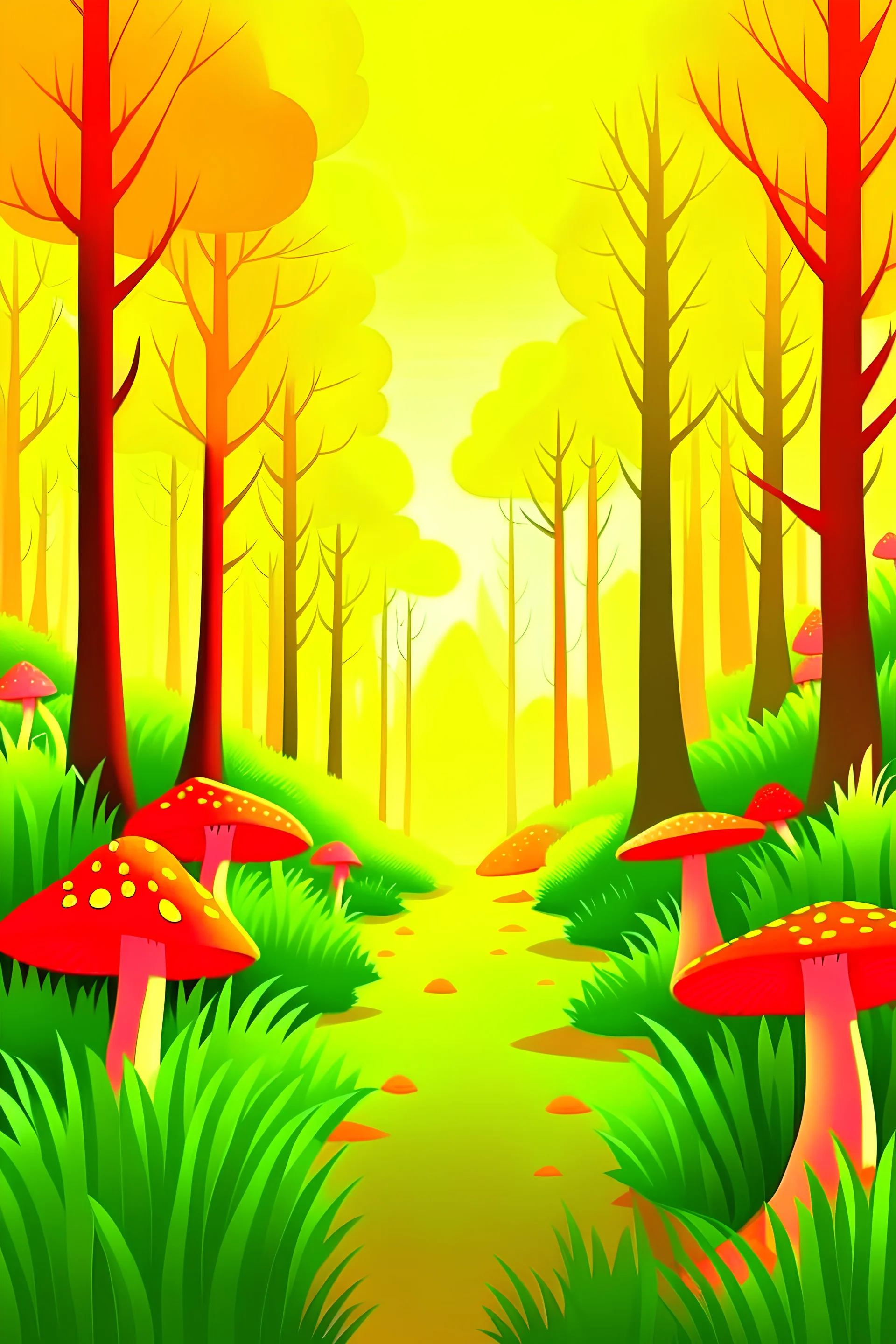 there's a children's book background, a forest image, long right-handers and red mushrooms. in shades of orange, yellow, green. the sunlight is on the trees. digital art