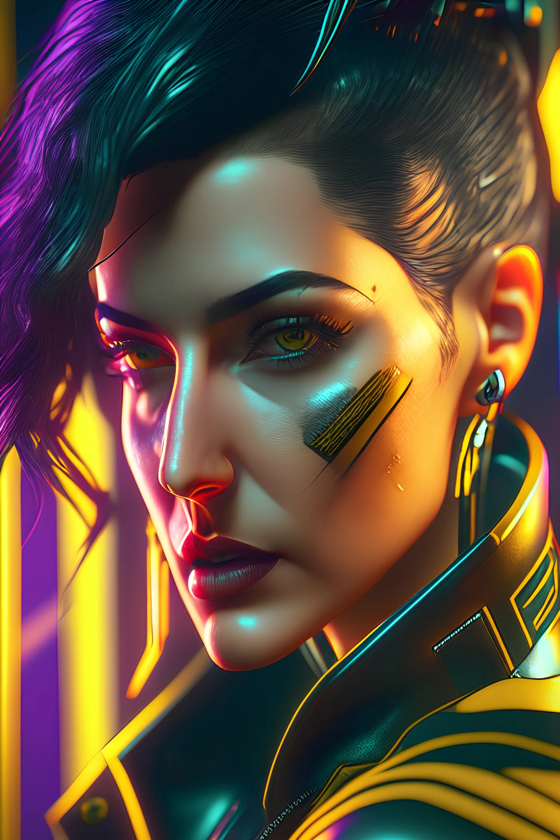 V, cyberpunk 2077, noir, stunning portrait, dynamic shot, vivid, richly saturated colors, Legs, cinematic atmosphere, immersive, global illumination, intricate shadows, reflections, Octane render, hyper-realistic, unparalleled detail, 8K, groundbreaking, epitome of concept art, physically-based rendering, dynamic angles, intricate textures, subsurface scattering, timeless masterpiece, AI-enhanced, GAN, ray-tracing, depth-of-field, neural network, ultra-HD