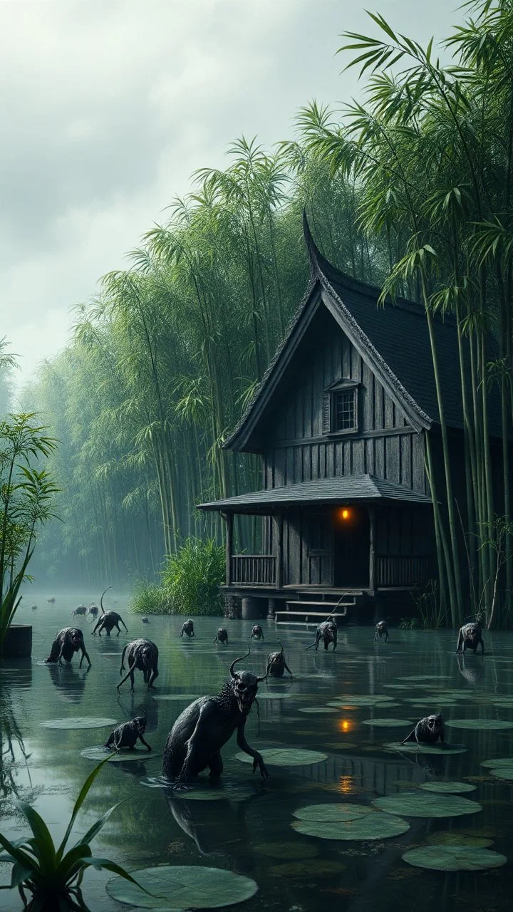 A house in a swamp with many scary creatures heard in the swamp water , a long bamboo trees in the background