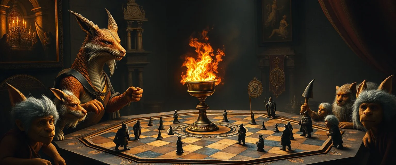 portrait painted by Rembrandt, fire breathing dragon fox at banquet, big chalice, all pieces on a huge hexagonal board game with miniature trolls