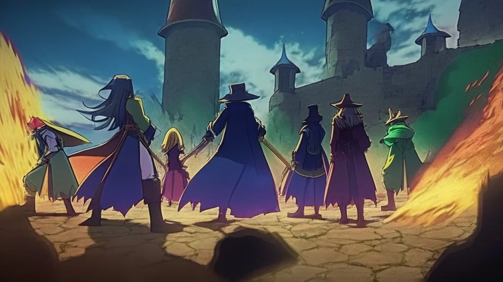 Adventurer party standing before a castle
