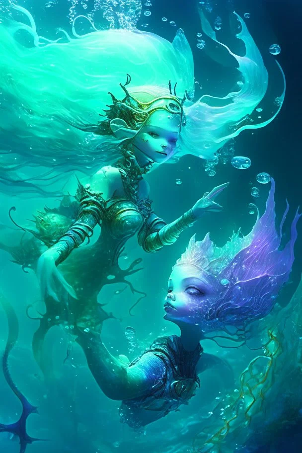 hybrid elf +Mermaid Diver, Weightless Swim, Bioluminescent Sea, Transparent Skin