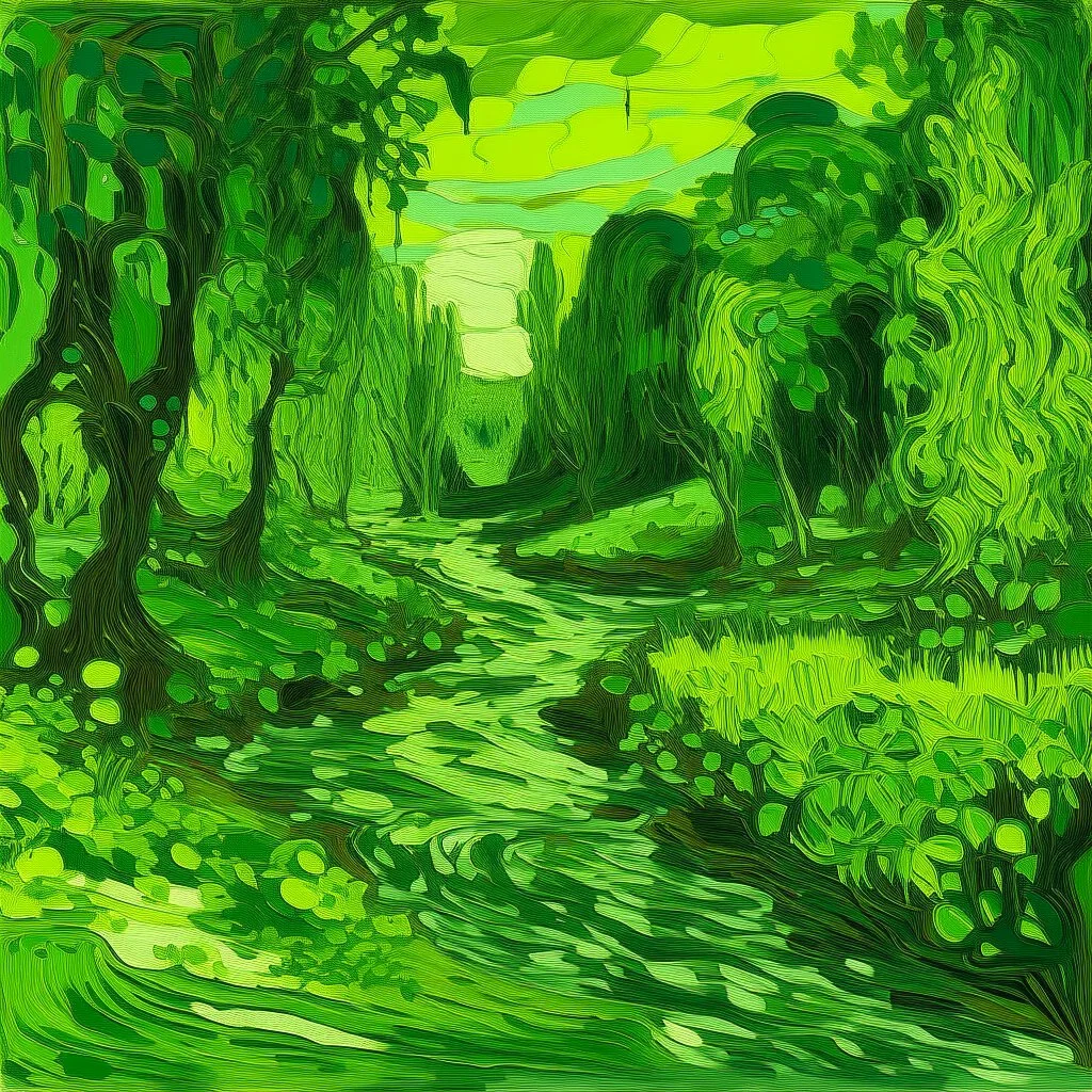 A lime green jungle with a toxic river painted by Vincent van Gogh