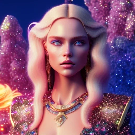 white woman glitter long blond hair blue eyes in a galactic ambiance, delicate colors in the foreground, full of details, smooth, light effect，vaporwave colorful, smooth, extremely sharp detail, finely tuned detail, ultra high definition, 8 k, unreal engine 5, ultra sharp focus