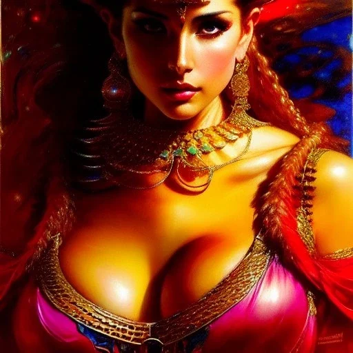 Drawing of beautiful face,'beautiful ,Busty PoweGirl',intense stare, ancient skintight armor, balanciaga fashion clothe painting by gaston bussiere, greg rutkowski, yoji shinkawa, yoshitaka amano, tsutomu nihei, donato giancola, tim hildebrandt, Oil on canvas, cinematic composition, extreme detail,fit full head inside picture,16k