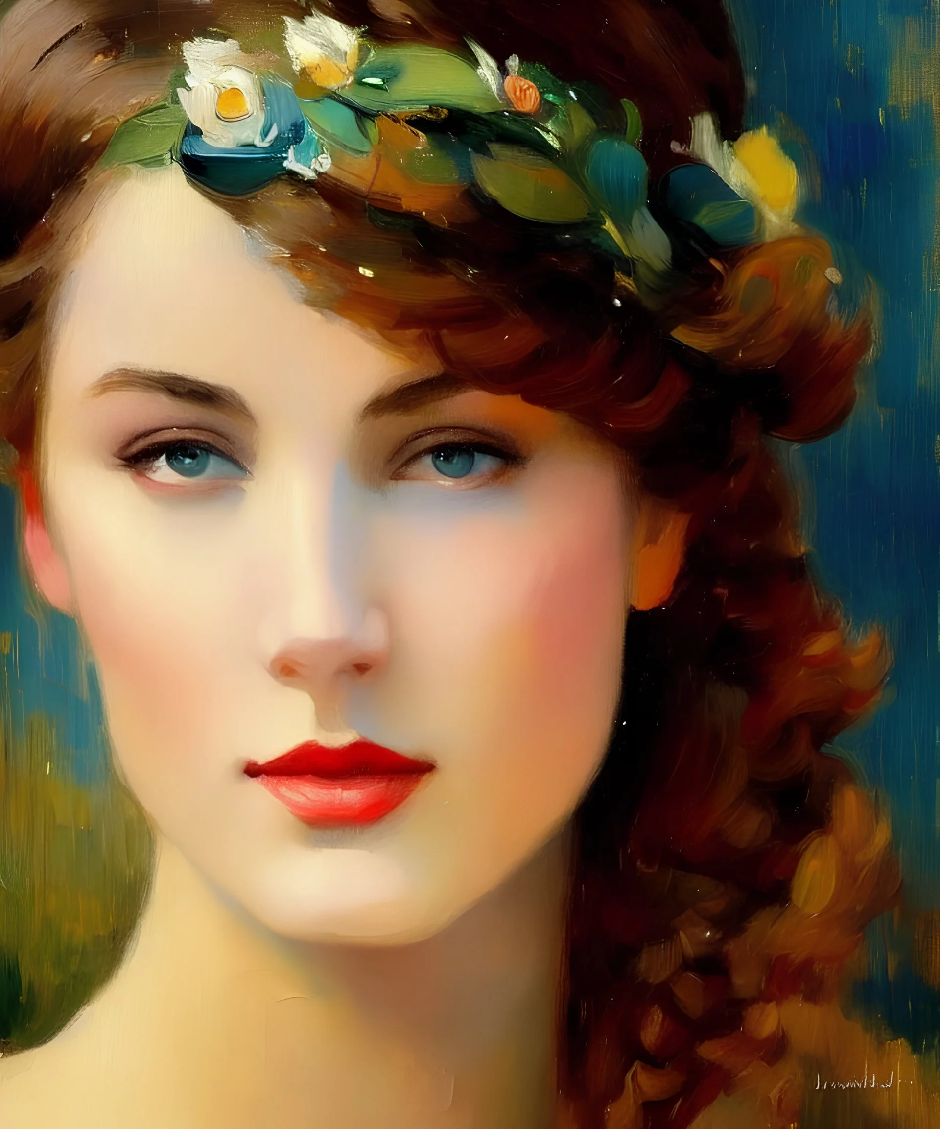 realist impressionist portrait of "The Curious Female" by Manuel Leonardi rework. Masterpiece, best quality, painted impressionist brush strokes. paint drips and drabs and splatters by and by art nouveau and Eliza Ivanova . Paint spatters, drips, drabs, dynamic, artstation, artgerm