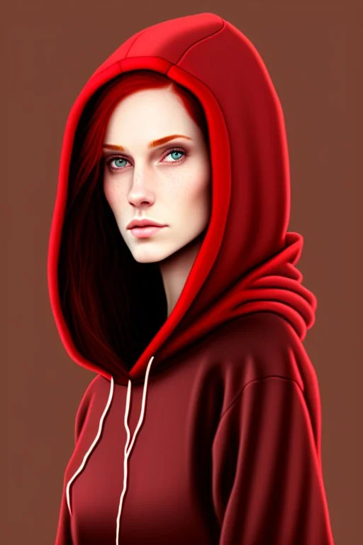 A woman with dark brown eyes and shoulder length red hair wearing a black hoodie. Realistic.