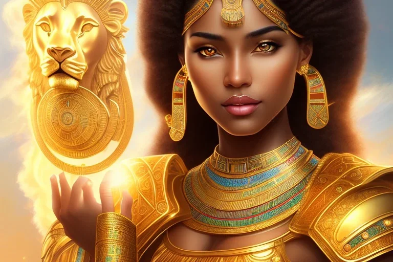 young woman, brown skin, short dark hair with golden highlights, ancient ((Egypt)),whole body, ancient armor, lion, golden jewelry, flames as clouds, magnificent, majestic, highly intricate, incredibly detailed, ultra high resolution, complex 3d render,