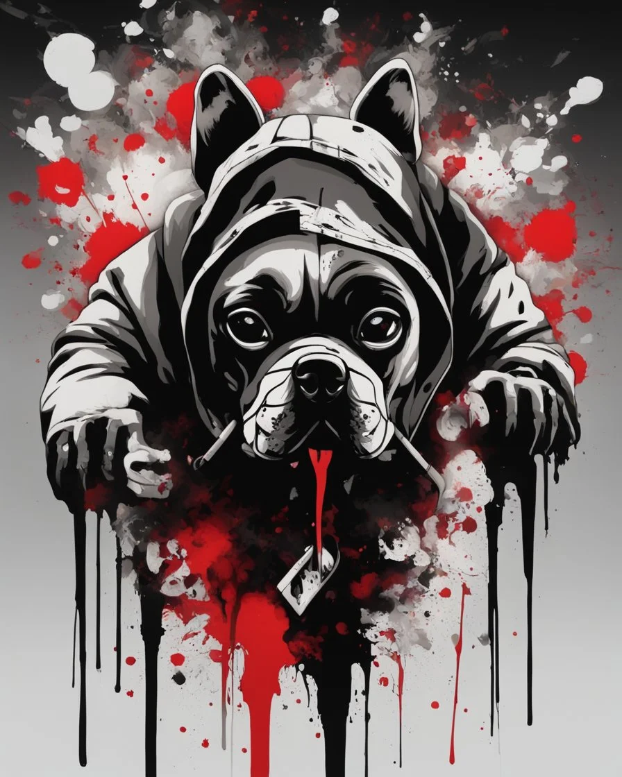 Banksy style. Vibrant and dynamic masterpiece with fluid patterns forming a killer dog with hood and gas mask, its eyes are intense. Red, white and black colors, creating a fascinating effect. Full body