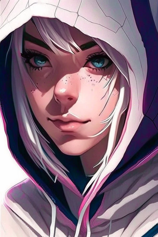 a close up of a person wearing a hoodie, artgerm on artstation pixiv, artgerm. anime illustration, artgerm comic, artgerm and lois van baarle, wlop | artgerm, trending artgerm, style of artgerm, extremely detailed artgerm, spider-gwen, spider - gwen