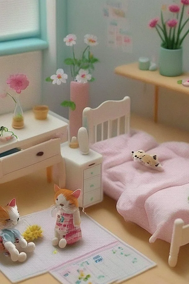 Sylvanian family cat and kitten hospital, hospital furniture, charts on beds, flowers in a vase on a table next to a bed