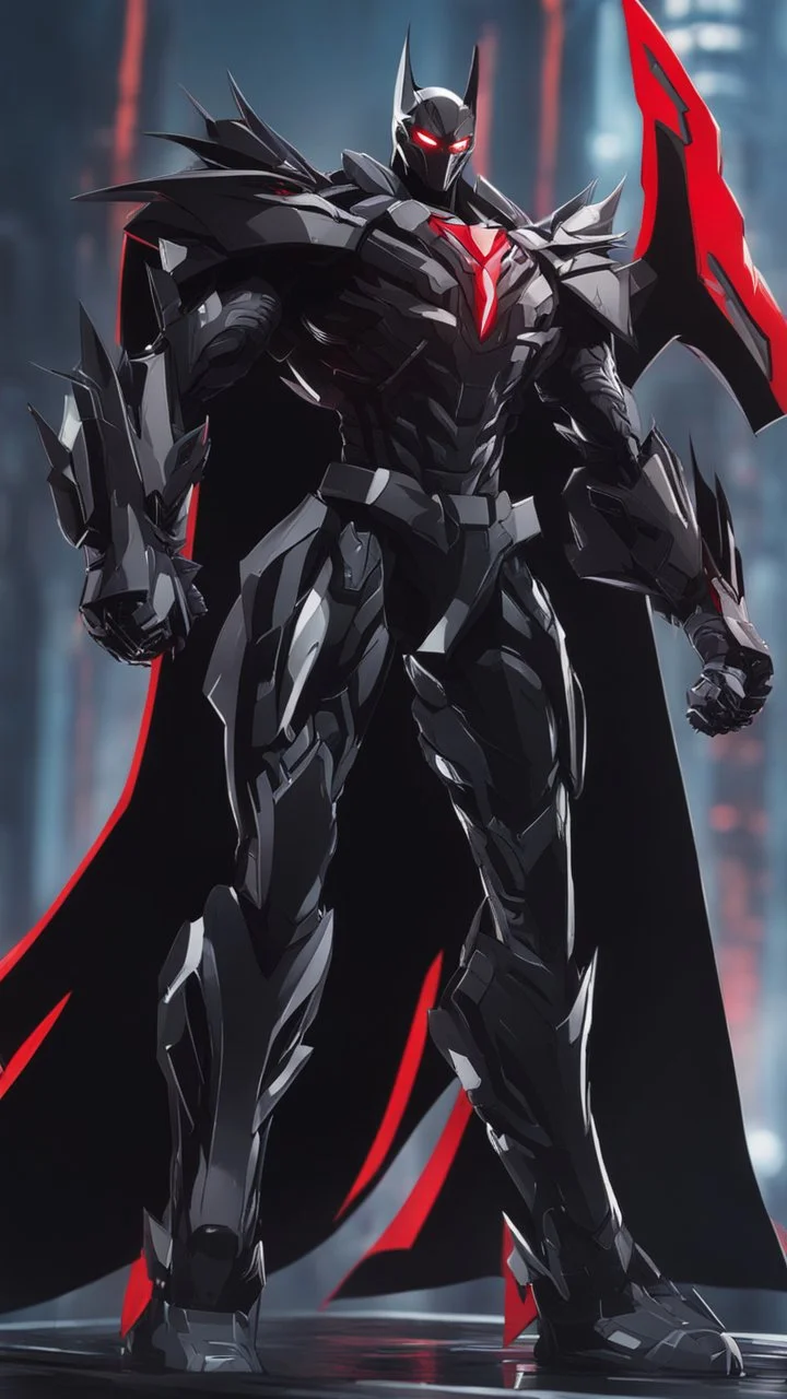 A close picture to Mix between transformers and batman and symbiote venom in solo leveling shadow art style with red details detailsis in fantasy world