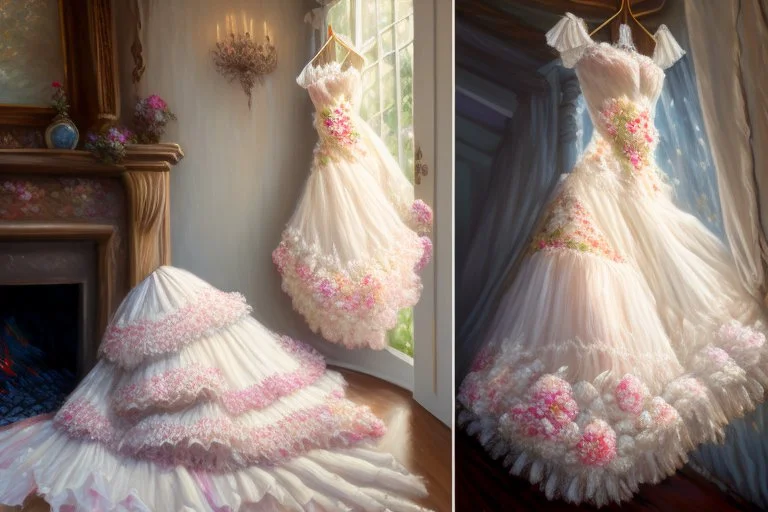 A beautiful romantic ruffled dress, decorated with beautiful embroidered flowers and lace, hanging on a hanger in a bedroom by the fireplace, in the light of the fireplace, Hyper realistic, oil on canvas award winning fantastic view ultra detailed acrylic art Ultra realistic Impressionism Surrealism simen johan, sharp focus intricate oil on canvas cinematic lighting photorealistic high detail ultra detailed crisp quality colourful