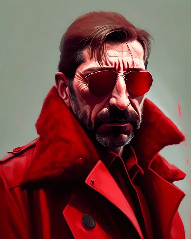 a man who looks like hans gruber wearing a trench coat and red sunglasses staring with an irritated look on his face