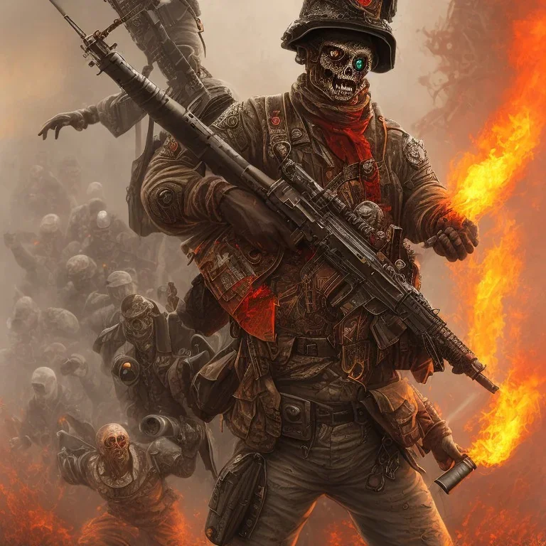 fantassin zombie utilise lance flammes dans paris, yeux rouges, casque militaire steampunk, trocadero