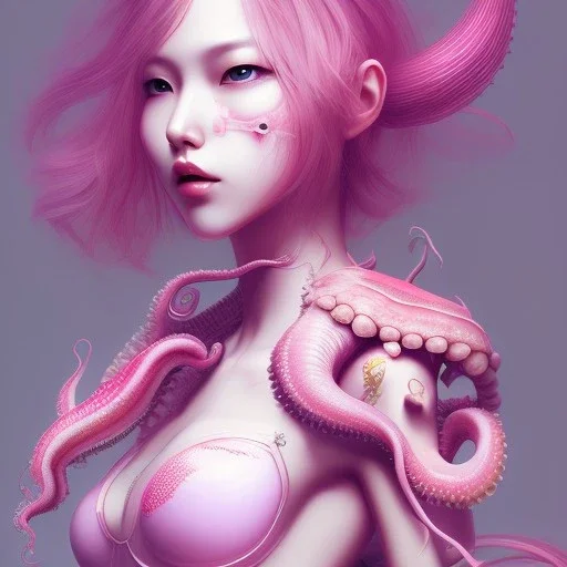  Asian woman, leaning pose, octopus, pink short hair, latex suit, full body, style <Yoji Shinkawa>, Bones, squid, intricate detail , portrait, high lighting, Gradient background,