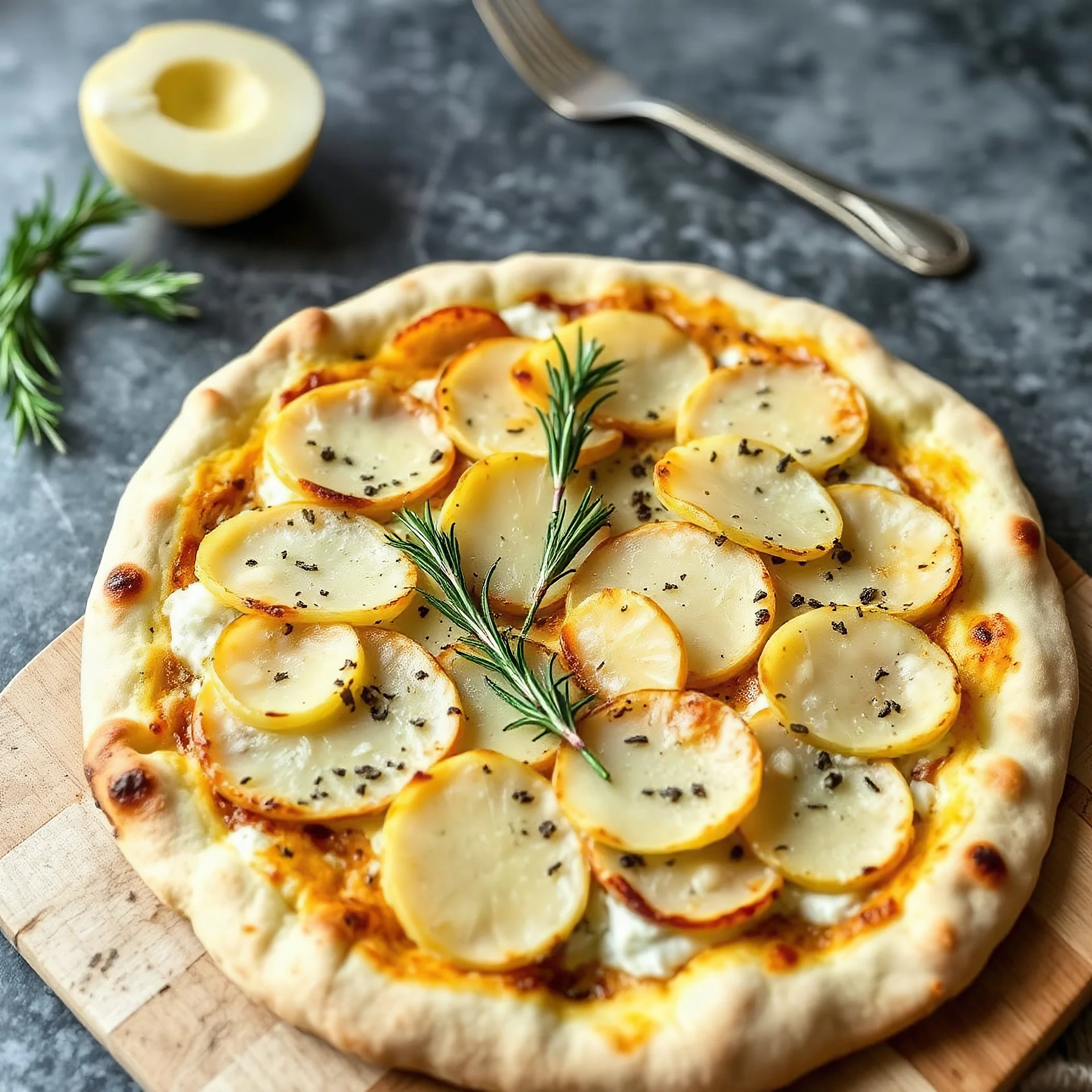 A "white pizza" featuring thinly sliced potatoes and rosemary.