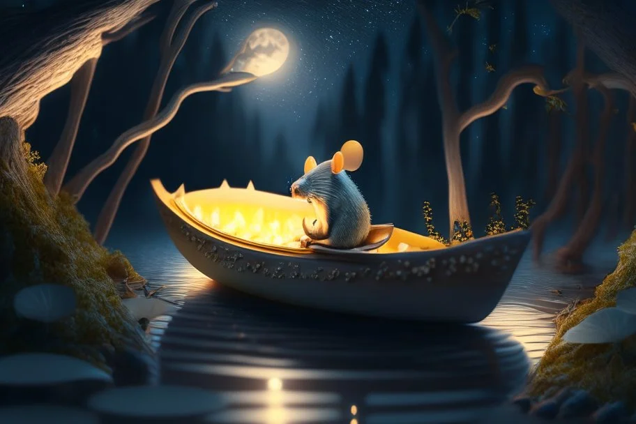 strong mouse in cheese boat, in moonlit forest by stream, book illustration, fine detail, 4k, trending, volumetric light, depth of field