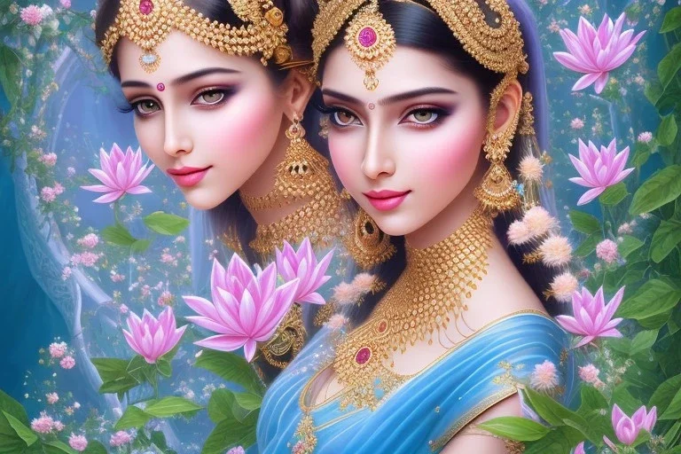 a pretty indian girl just before a magical crystal flower lotus magnolia lys bougainvillier, blue gold house indian palace castle in the woods, magnolias pink,blue lake,sun,white swanns,pink vertical, blue lake,sharp, vines, candlelit, endor, ornate, elegant, highly detailed, artstation, concept art, smooth, sharp focus, illustration, 8k, splash art, wallpaper, key visual