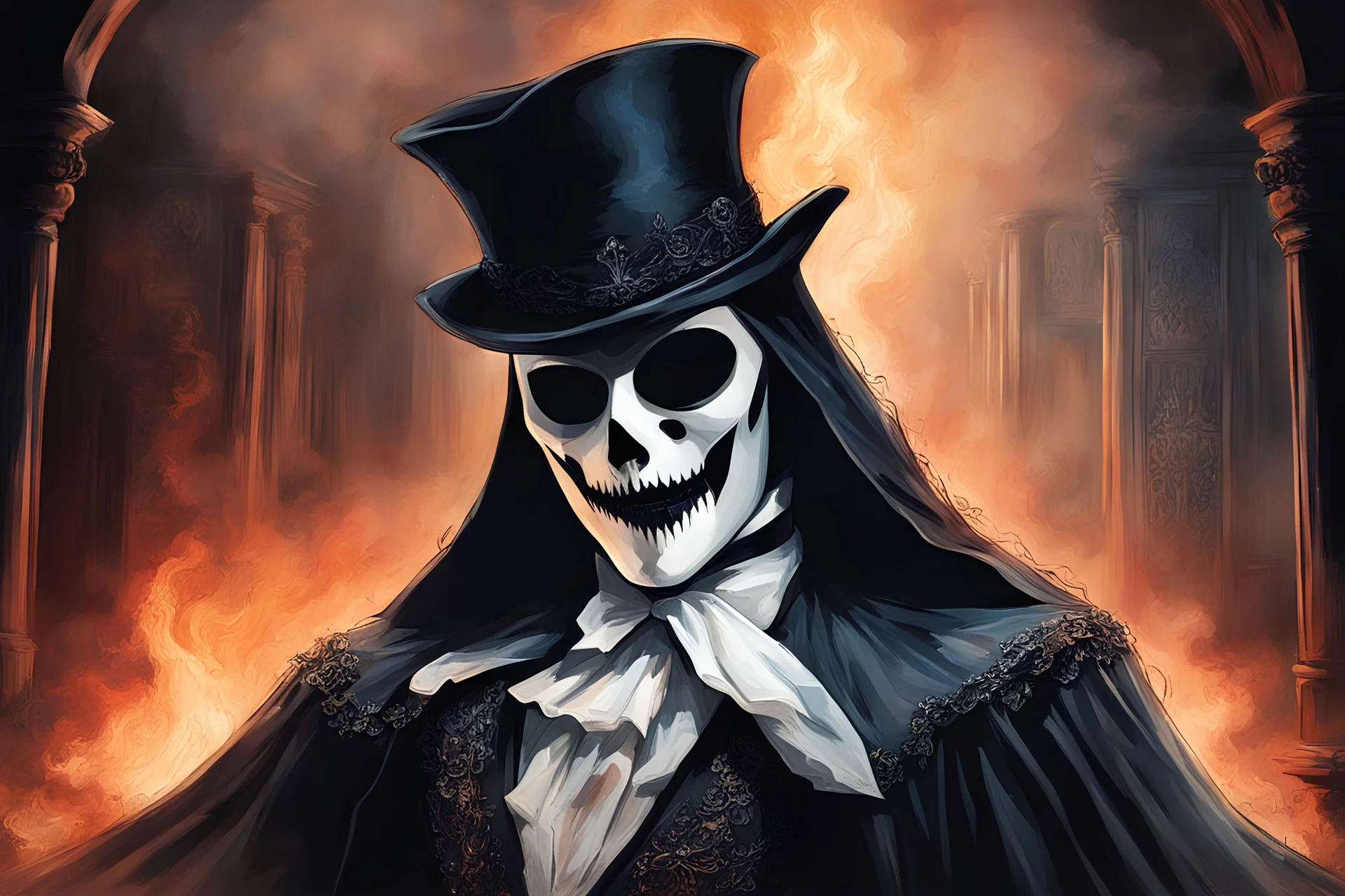 the burnt dark opera from the phantom of opera with the opera ghost hidden in the backgrund