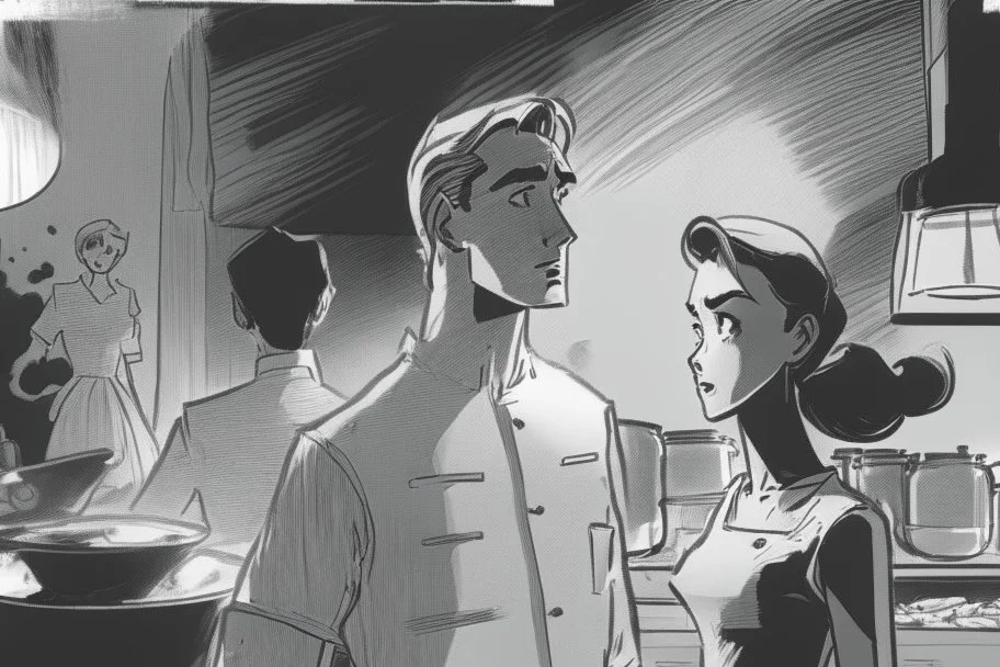 black and white storyboard, wide, on the Foreground there is a man and a girl in profile close to the camera, we see just their upper body and chins as they are passing by, and in the background, 3 chefs, scattered throughout the kitchen cooking, frying, cutting