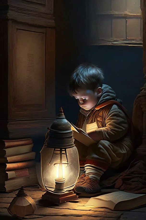 A child sitting on the floor, next to a lantern, studying old books