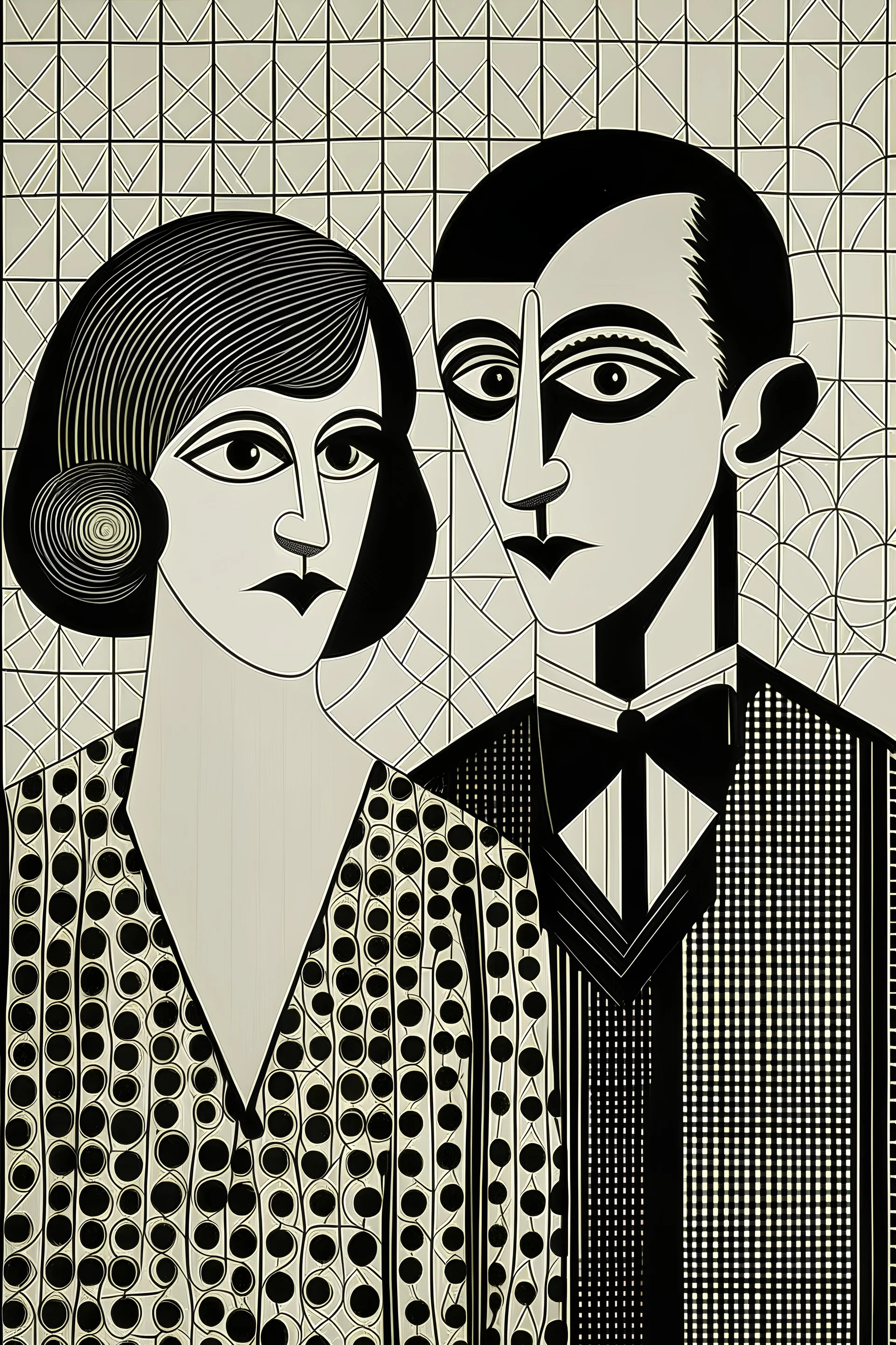 the minimalistic black and white picture from 1920 of two clowns: man and a woman with a short hair. at stencil surrealism Art