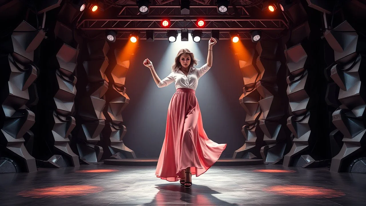 a 3d fractal stage structre made of metallic dark color 3d structures, pertty artistc background,dynamic lights,a beautiful lady in pretty maxi skirt and blouse dancing on stage