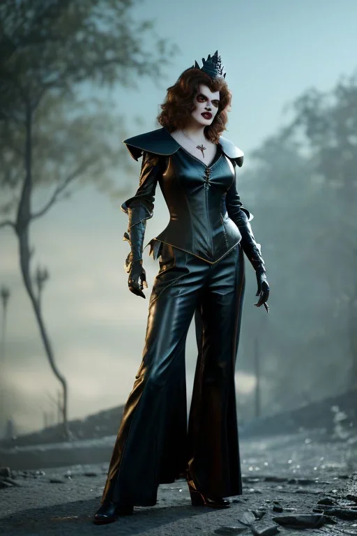 younger Rene Russo as evil queen in leather, cleavage, angry, stern look, unreal 5, octane render,cinema4d, dynamic lighting, dramatic lighting, 4k, redshift render, highly detailed, hyper realistic