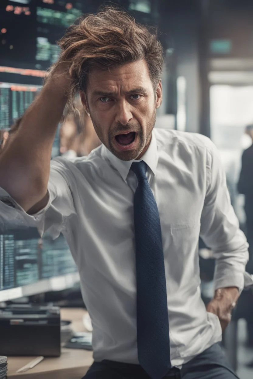 A stock market for ground image, highly realistic, a sudden drop or decrease of stocks, a guy in the background pulling out he's hair of frustration , realistic, 8k