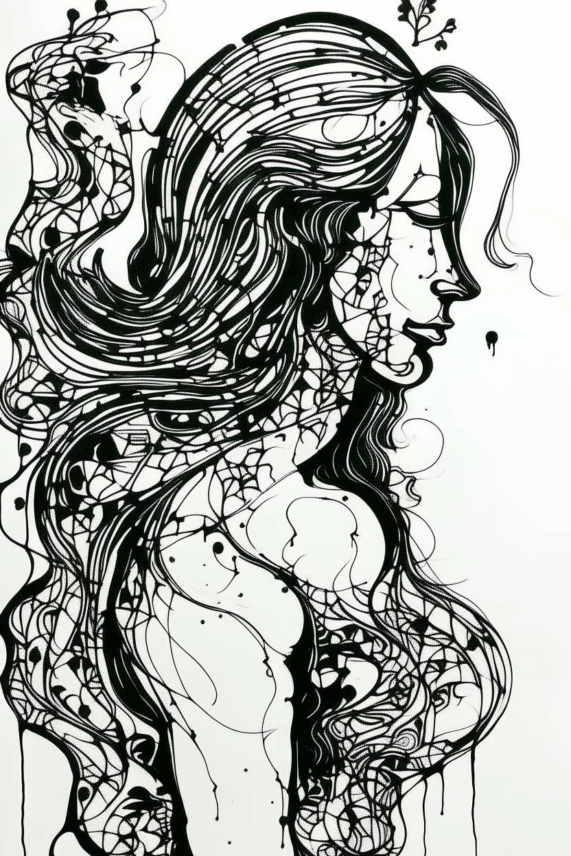 Ink drawing of random siluette drawn , line drawing, white background, negative space, splashes of soft colours