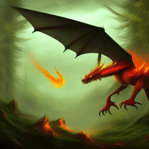 Fire dragon flying over a forest