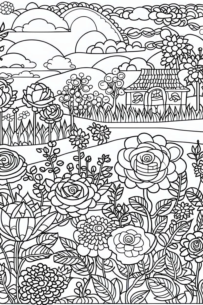 kids coloring page, rose garden, cartoon style, thick lines, low detail, no shading